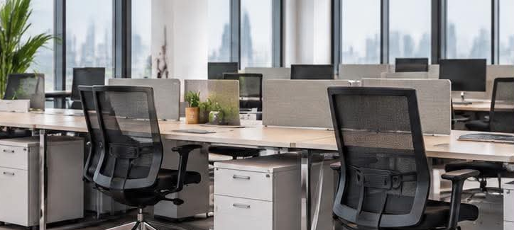 Open office with rows of white workstations, mesh task chairs, and mobile file pedestals